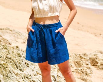 Shorts van onbewerkt, natuurlijk dubbel gaas katoen | Shorts met trekkoord en zakje | Boho minimalistische shorts | Lounge shorts | Strandshorts