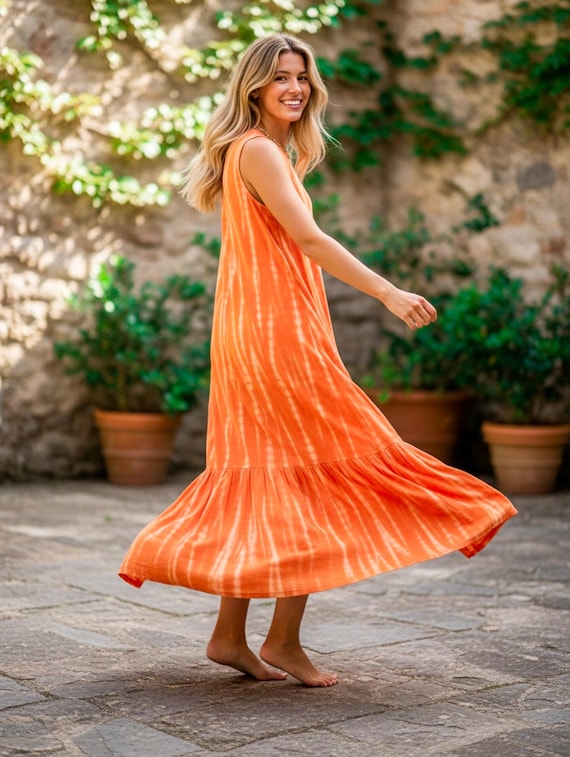 Tangerine Dream | Hand Dyed Tiered Dress / Boho Maxi Dress / Tie Dye Sundress / Boho Clothing / Summer Tie Dye Dress / Tie Dye Clothing