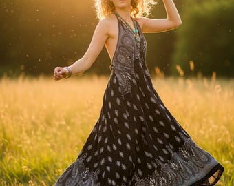 black and gold boho dress Paisley Rayon Halter Maxi Dress, Backless Resort Wear or attending an unforgettable