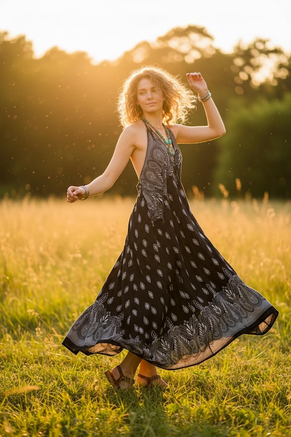 Black Paisley Goddess Maxi Dress | Boho Dress, Beach SunDress, Summer Dress, Boho Clothing, Vacation Honeymoon Dress