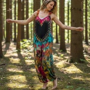 Tuta salopette tinta a mano Moon & Heart Boho con tasche, pantaloni hippie, pantaloni boho, abbigliamento da festival