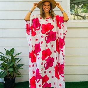 Hibiscus Boho Kaftan Dress, Loose Fit Kaftan Dress, Loungewear, Summer Clothing, Swimsuit Cover Up, Hawaiian Caftan
