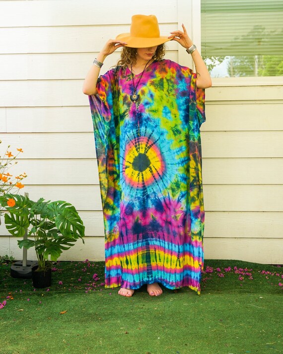 Rainbow Burst Hand Dyed Kaftan Poncho Dress Loose Fit Tie Dye Dress Beachwear Loungewear Tie Dye Clothing Tye Dye Caftan Etsy UK
