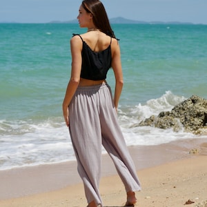 Raw Natural Double Gauze Cotton Wide Legs Pants | Drawstring Lounge Pants, Boho Cotton Pants, Boho Clothing