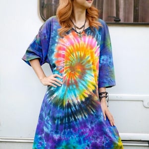 Amethyst Swirl Hand Dyed Boho Cotton Dress with Pockets, Hippie Oversized Tunic Festival Shirt Kaftan Dress, Tie Dye Clothing, Loungewear