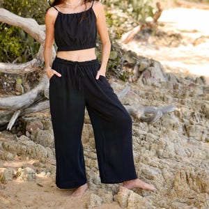 Raw Natural Double Gauze Cotton Wide Legs Pants | Drawstring Lounge Pants, Boho Cotton Pants, Boho Clothing