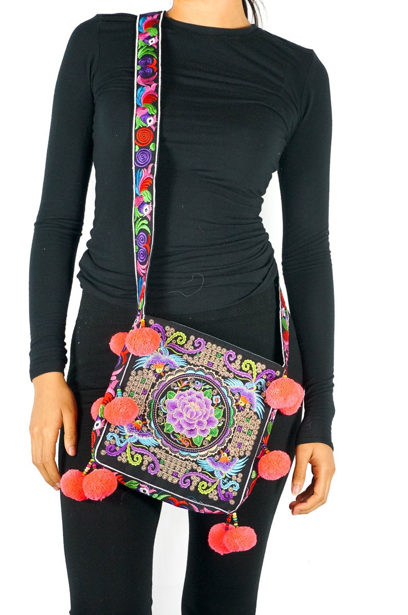 Embroidered Boho Bag Hmong Fabric Handmade Pom Pom Crossbody Bag Satchel Woman Gift
