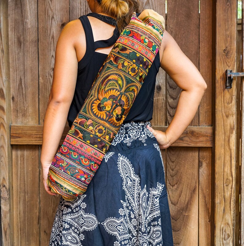 Yoga Mat Bag Adjustable Straps Cotton Hmong Embroidered Handmade