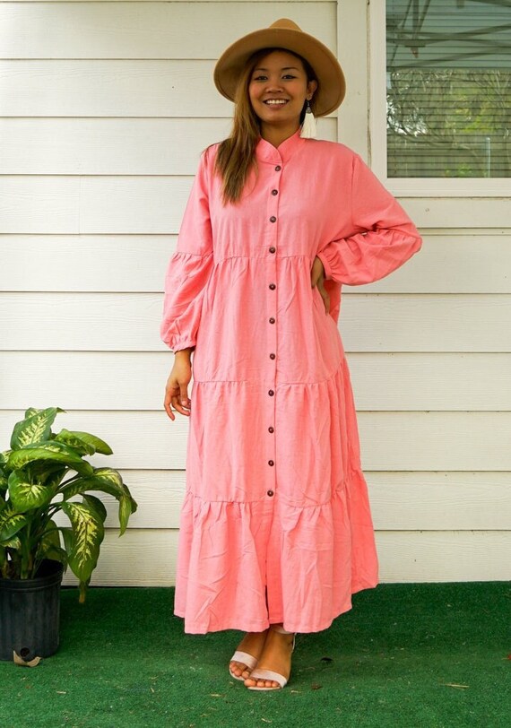 Pink Cotton Tiered Maxi Dress with Pockets, Boho Dress, Cotton Dress, Boho Clothing Pink Cotton Tiered Maxi Dress with Pockets, Boho Dress, Cotton Dress, Boho Clothing