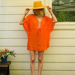 Tangerine Semi Sheer Beach Swimsuit Cover Up , Oversize Boho Tunic Kaftan, Beachwear, Boho Clothing, Poncho, Loungewear