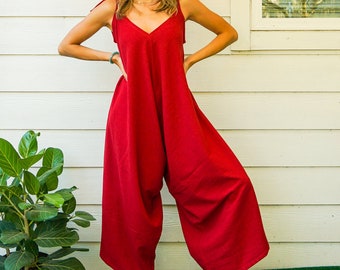 Woven Cotton Boho Yoga Jumpsuits Rompers Pants with Pockets, Loose Overalls, Wide Legs Jumpsuits, Organic Jumpsuit