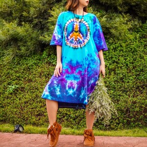 Peace & Harmony Hand Dyed Boho Cotton Dress with Pockets, Hippie Oversized Tunic Kaftan Shirtdress, Tie Dye Clothing, Loungewear