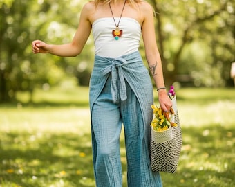 Blue Double Gauze Crinkled Cotton Palazzo Wrap Pants, Boho Beach Pants, Harem Flow Pants,  Open Flow Genie Pant, Bohemian Flow Pants