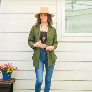 Olive Green Raw Natural Crinkled Cotton Gauze Blouse, Cotton Tunic, Cotton Top, Boho Minimal Shirt, Boho Clothing
