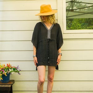 Black Semi Sheer Beach Swimsuit Cover Up , Oversize Boho Tunic Kaftan, Beachwear, Boho Clothing, Poncho, Loungewear