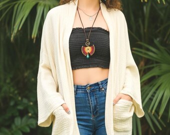 Raw Natural Double Gauze Crinkled Muslin Cotton Oversized Kimono Blouse Cardigan with Pockets, Boho Minimalist Cotton Tunic Top Cover Ups