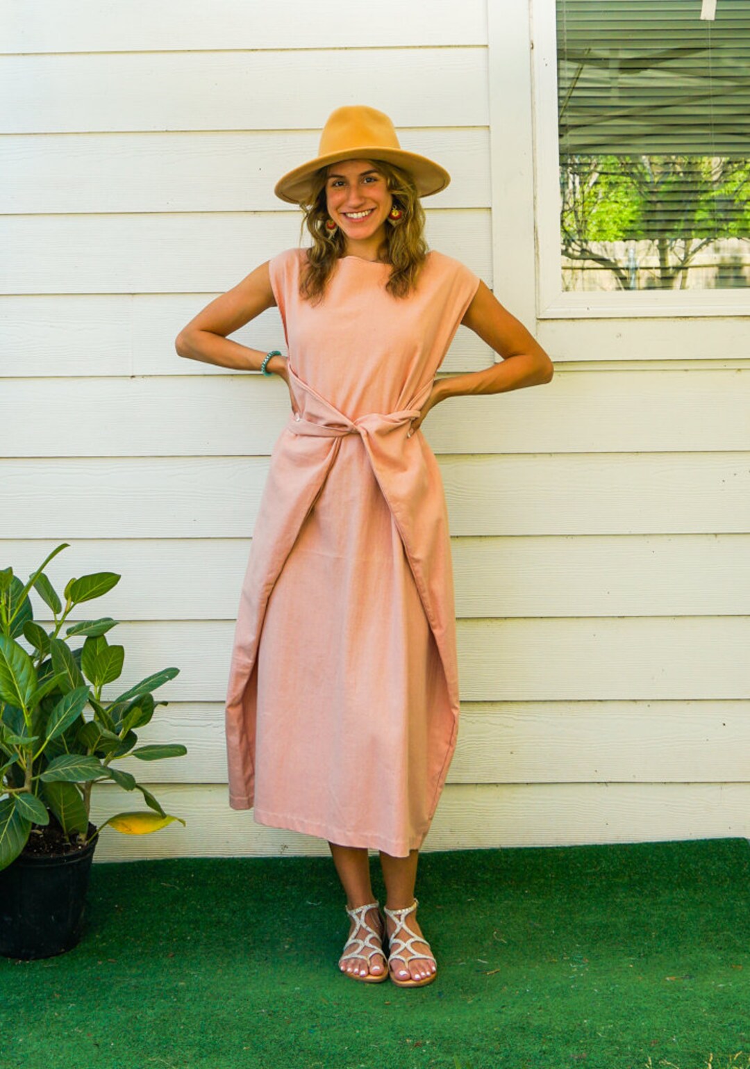 Organic Cotton Striped Slub Dress Peach