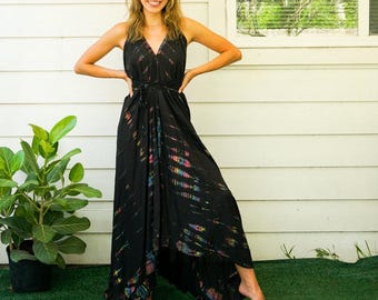 Vestido largo bohemio negro, vestido teñido a mano, vestido playero, vestido de verano, ropa teñida, vestido de vacaciones