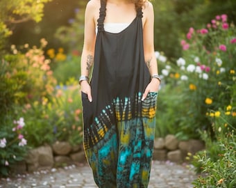 Boho Hand Dyed Dungarees Overalls Jumpsuit with Pockets, Tie Dye Romper, Hippie Boho Clothing, Tie Dye Pants, Festival Clothing