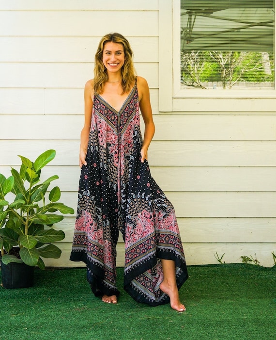 Black Peacock Paisley Boho Jumpsuit Rompers Pants with Pockets, Wide Leg  Summer Jumpsuit, Loungewear, Swimsuit Cover Up