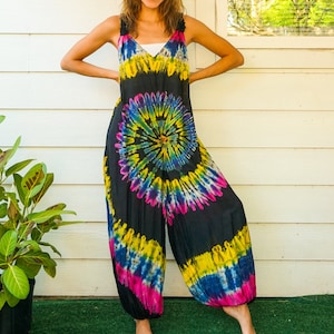 Barefoot Bliss | Hand Dyed Dungarees Overalls Jumpsuit, Tie Dye Romper, Hippie Clothing, Tie Dye Harem Pants Rompers, Festival Clothing
