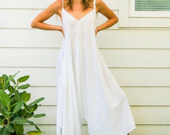 Raw Natural Cotton Gauze Maxi Jumpsuit with Pockets | Boho Wide Leg Romper | Organic Cotton Jumpsuit