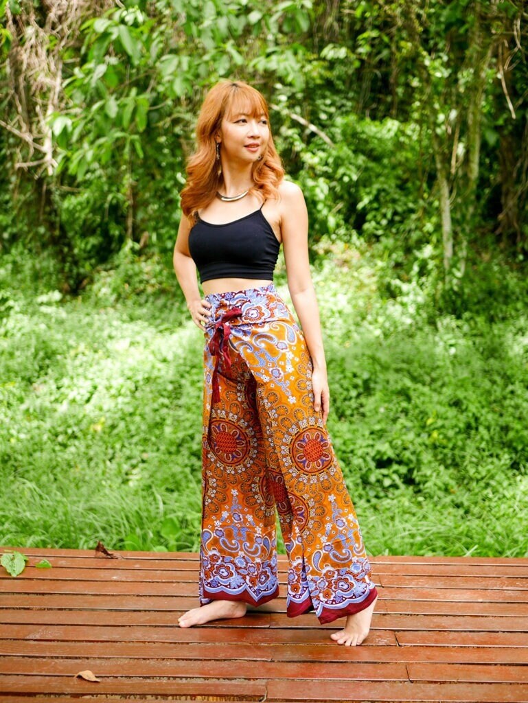 Brown Paisley Mandala Palazzo Wrap Pants, Boho Pants, Harem Flow