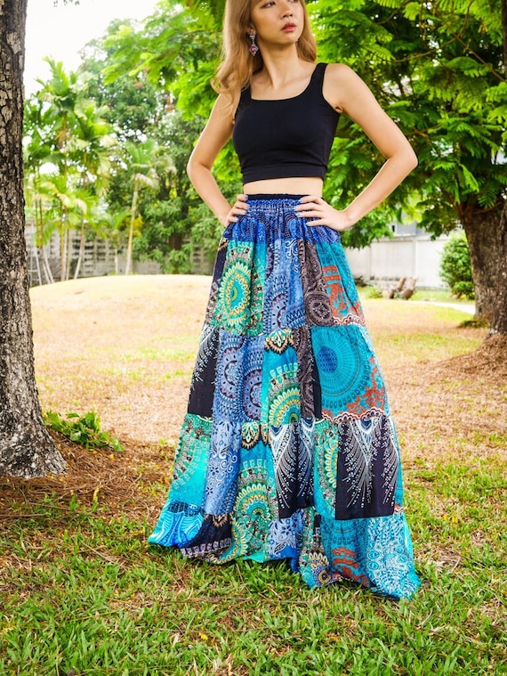 Boho Chic Patchwork Tiered Maxi Skirt, Hippie Handmade Skirt, Summer Lounge  Skirt
