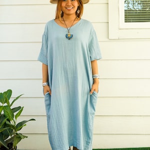 Blue Double Gauzed Cotton Dress with Pockets / Boho Maxi Dress / Loungewear / Maternity Dress / 100% Organic Cotton