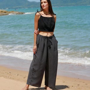 Raw Natural Double Gauze Cotton Wide Legs Pants | Drawstring Lounge Pants, Boho Cotton Pants, Boho Clothing