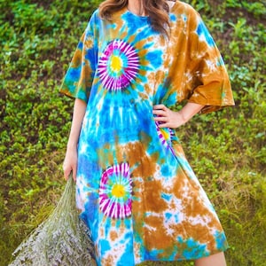 Earth & Sky Hand Dyed Boho Cotton Dress with Pockets, Hippie Oversized Tunic Kaftan Shirtdress, Tie Dye Clothing, Loungewear