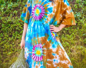 Earth & Sky Hand Dyed Boho Cotton Dress with Pockets, Hippie Oversized Tunic Kaftan Shirtdress, Tie Dye Clothing, Loungewear