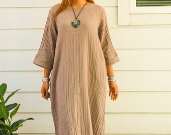 Beige Double Gauze Cotton Dress with Pockets / Boho Dress / Cotton Maxi Dress, Maternity Dress / Boho Clothing  / 100% Organic Cotton