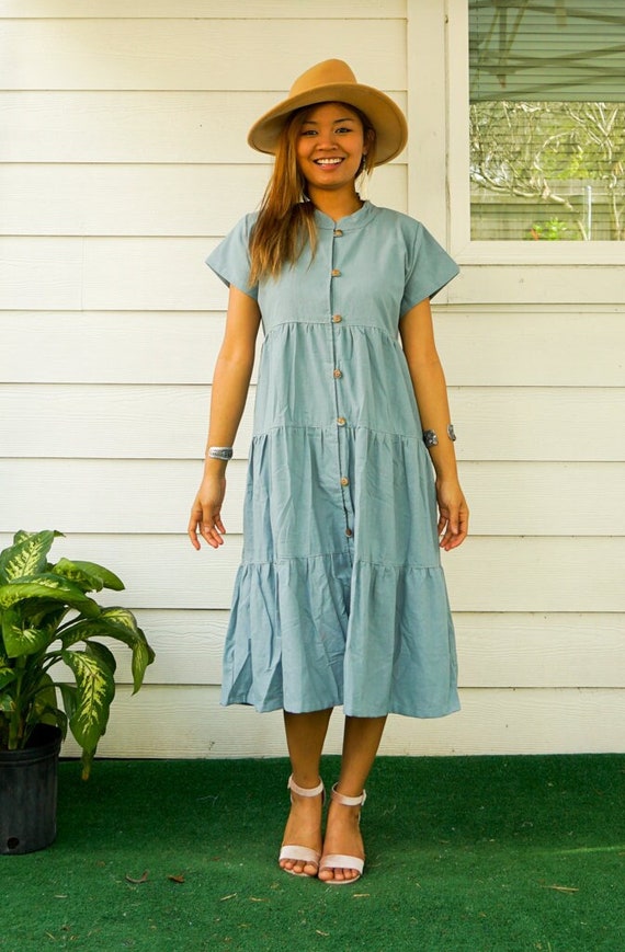 Blue Organic Cotton Tiered Maxi Dress Boho Dress Cotton Dress