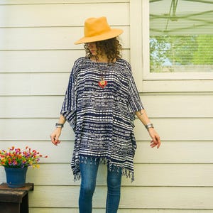 Shibori Wave Kaftan Tunic Blouse , Oversize Tops, Beachwear, Boho Clothing, Poncho, Loungewear, Beach Kimono Cover Ups