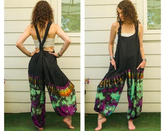 Boho Hand Dyed Dungarees Overalls Jumpsuit with Pockets, Tie Dye Romper, Hippie Boho Clothing, Tie Dye Pants, Festival Clothing