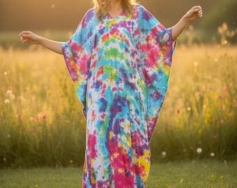 Hand-Dyed Tie-Dye Kaftan Dress | Boho Beach Cover-Up | Plus Size Resort Wear | One Size M-3XL
