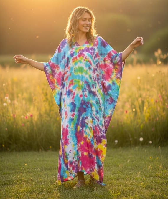 Hand-Dyed Tie-Dye Kaftan Dress | Boho Beach Cover-Up | Plus Size Resort Wear | One Size M-3XL