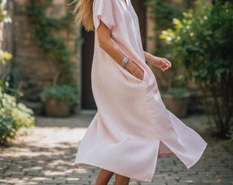 Vestido de algodón de doble gasa Blush Cloud con bolsillos / Vestido bohemio / Vestido caftán de algodón / Ropa de estar por casa / Vestido de maternidad