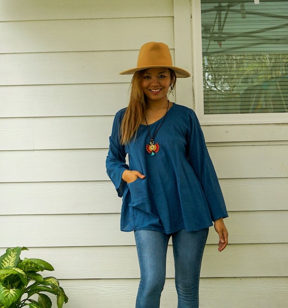 Raw Cotton Gauze Long Sleeve Blouse With Pocket, Cotton Tops, Boho