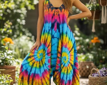 Boho Hand Dyed Hippie Jumpsuits Rompers Pants, Hippie Overalls, Wide Legs Boho Jumpsuits Dress, Festival Tie Dye Clothing