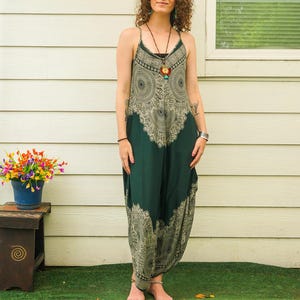 Sage Mandala Jumpsuit Rompers Pants, Wide Leg Summer Jumpsuit, Yoga Harem Pants Jumpsuit, Loungewear