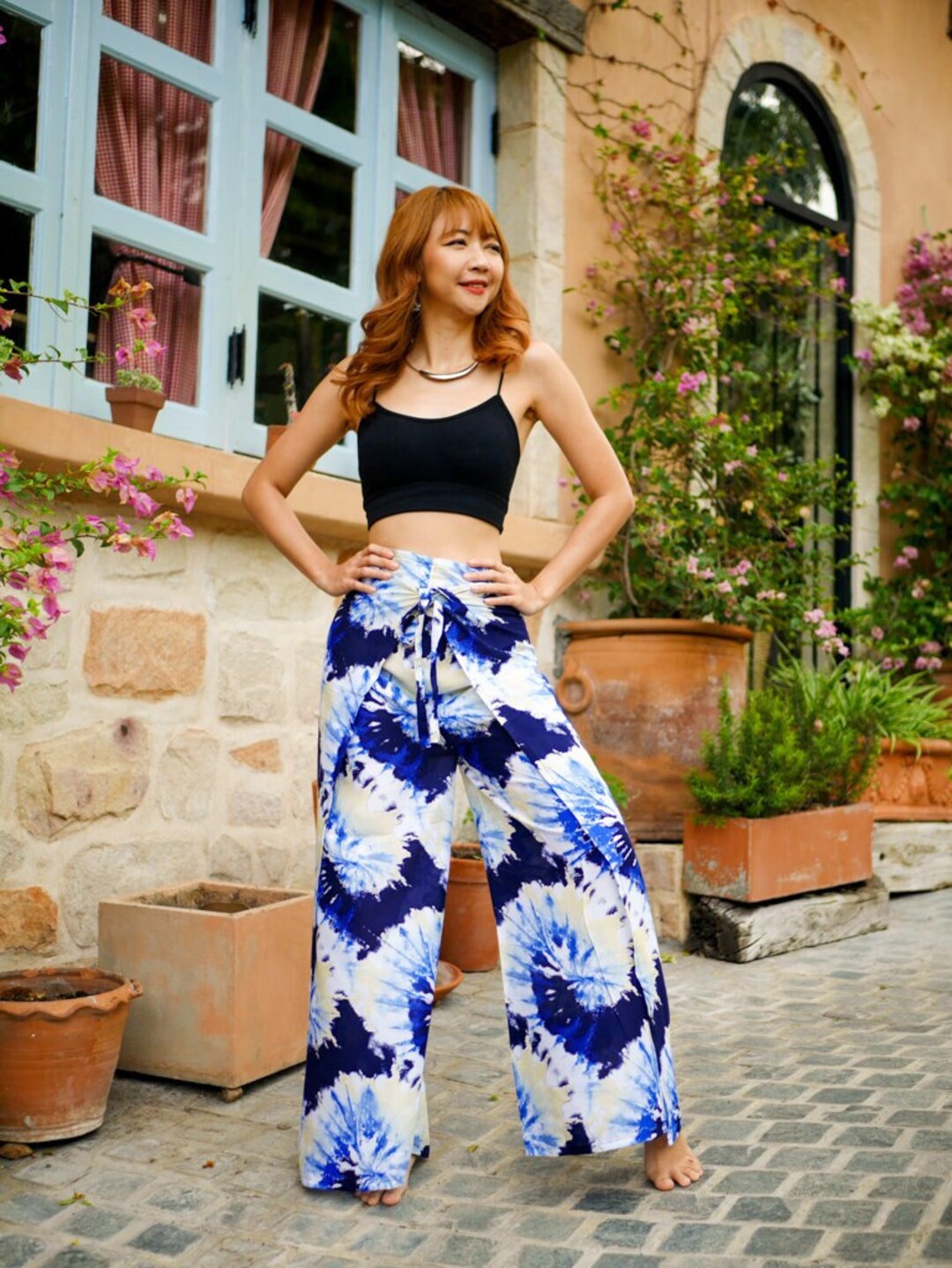 Azure Swirl | Palazzo Wrap Pants, Boho Pants, Harem Flow Pants