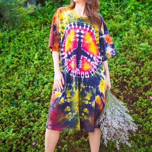 Soulful Peace Hand Dyed Boho Cotton Dress with Pockets, Hippie Oversized Tunic Kaftan Shirtdress, Tie Dye Clothing, Loungewear