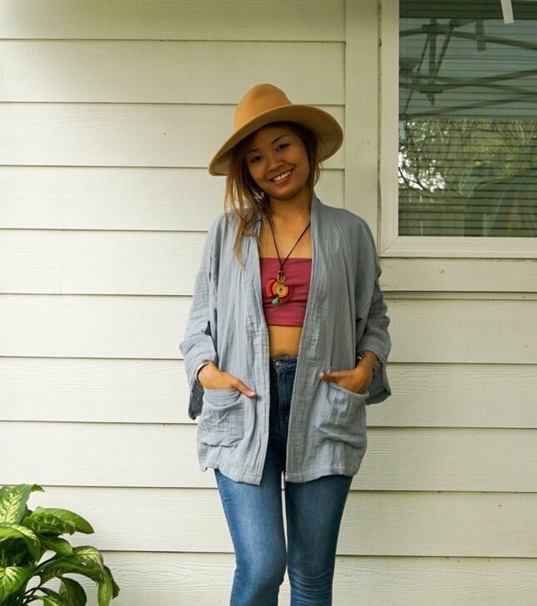 Double Gauze Cotton Kimono Cardigan With Pockets, Boho Cotton Cover Ups