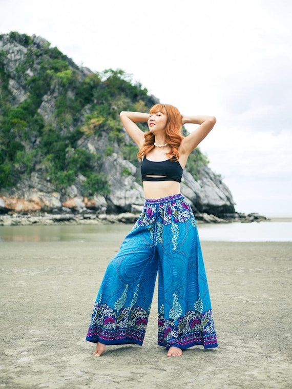 Turquoise Blue Mandala Wide Leg Palazzo Pants, Elastic Waist Pants