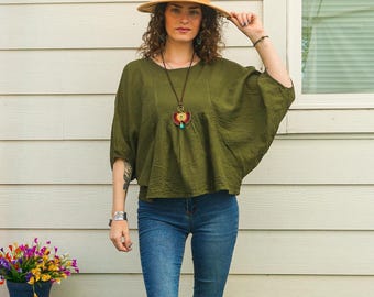 Bluzka tunika z surowej naturalnej bawełny, luźna bawełniana bluzka letnia, koszula boho, odzież boho