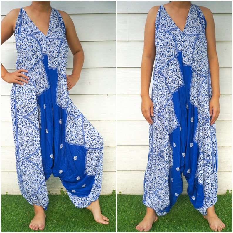 Loungewear Boho Jumpsuit Blue Mandala Drop Crotch Harem Jumpsuit Romper Pants WFH Clothing Summer Clothing Festival Clothing
