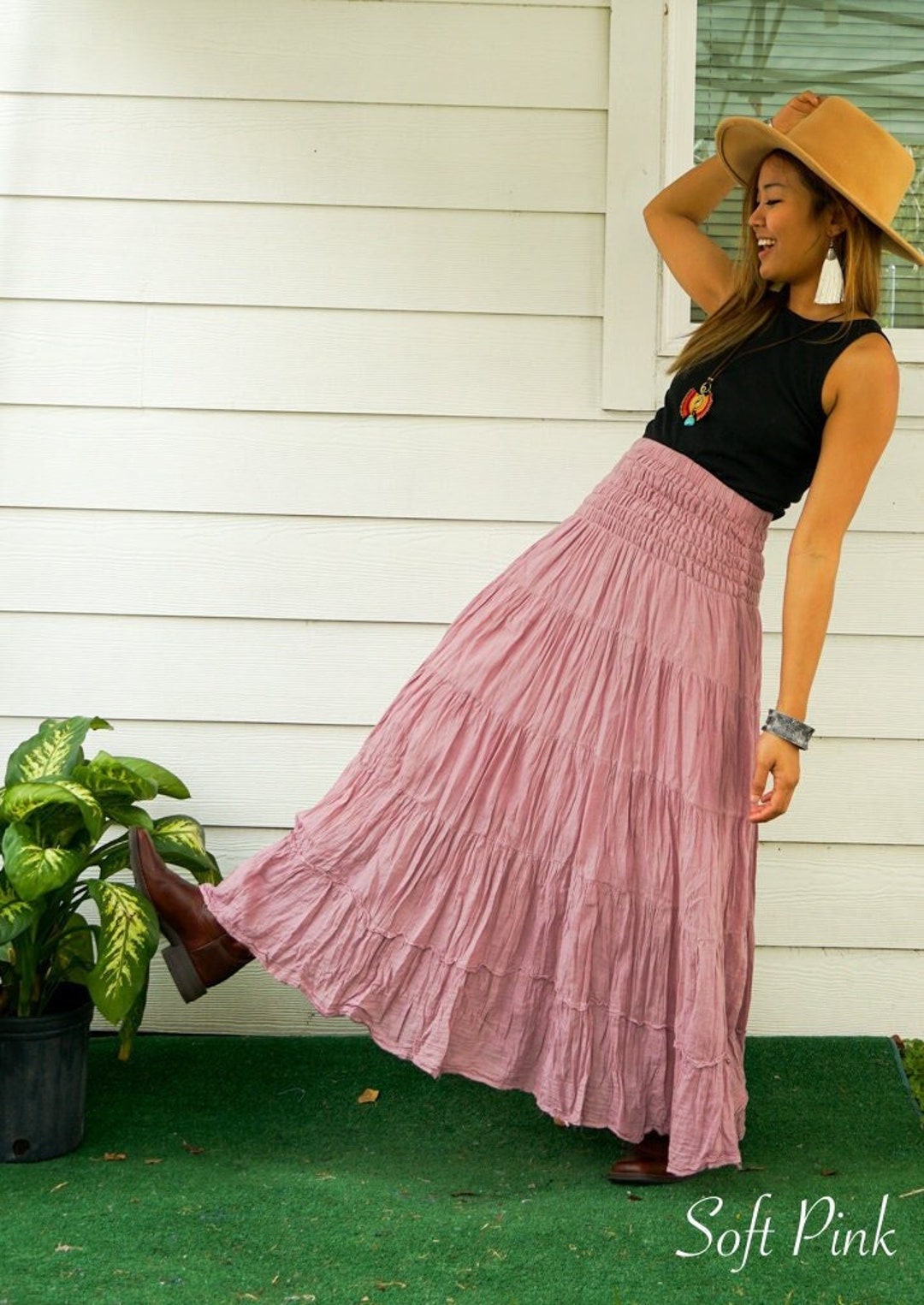 Buy Natural Crinkled Cotton Gauze Tiered Maxi Boho Skirt, Hippie