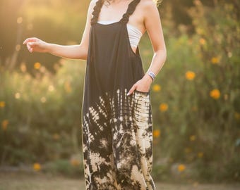 Boho Hand Dyed Dungarees Overalls Jumpsuit with Pockets, Tie Dye Romper, Hippie Boho Clothing, Tie Dye Pants, Festival Clothing